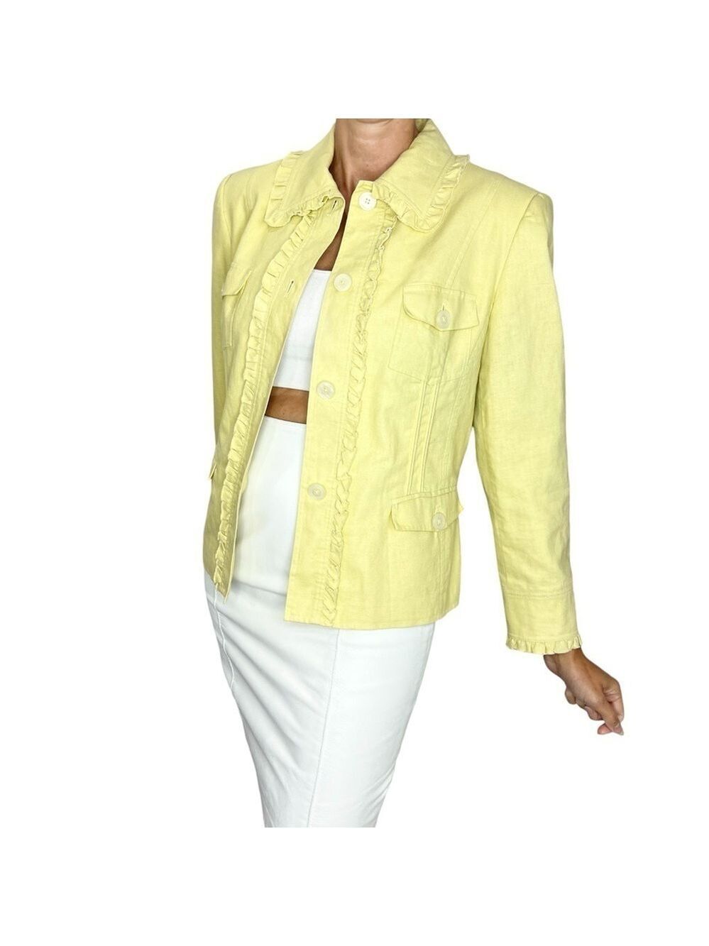 Steilmann Germany linen blend yellow ruffle old money coastal blazer 10